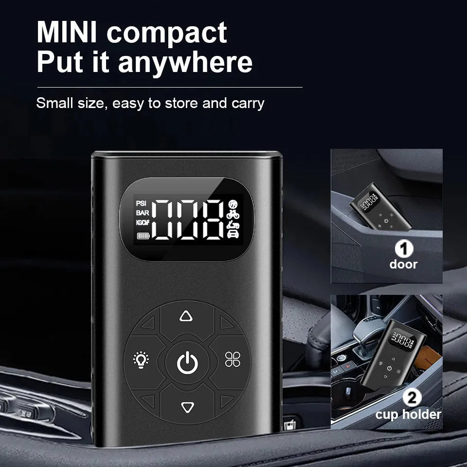 Black aviation aluminium portable tyre inflator with digital display and hose for cars and motorcycles.