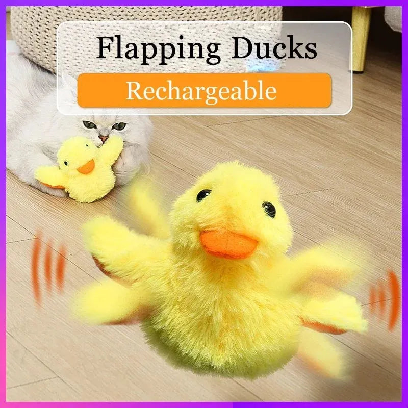 Yellow flapping duck electric cat toy with removable plush cover and USB charging cable