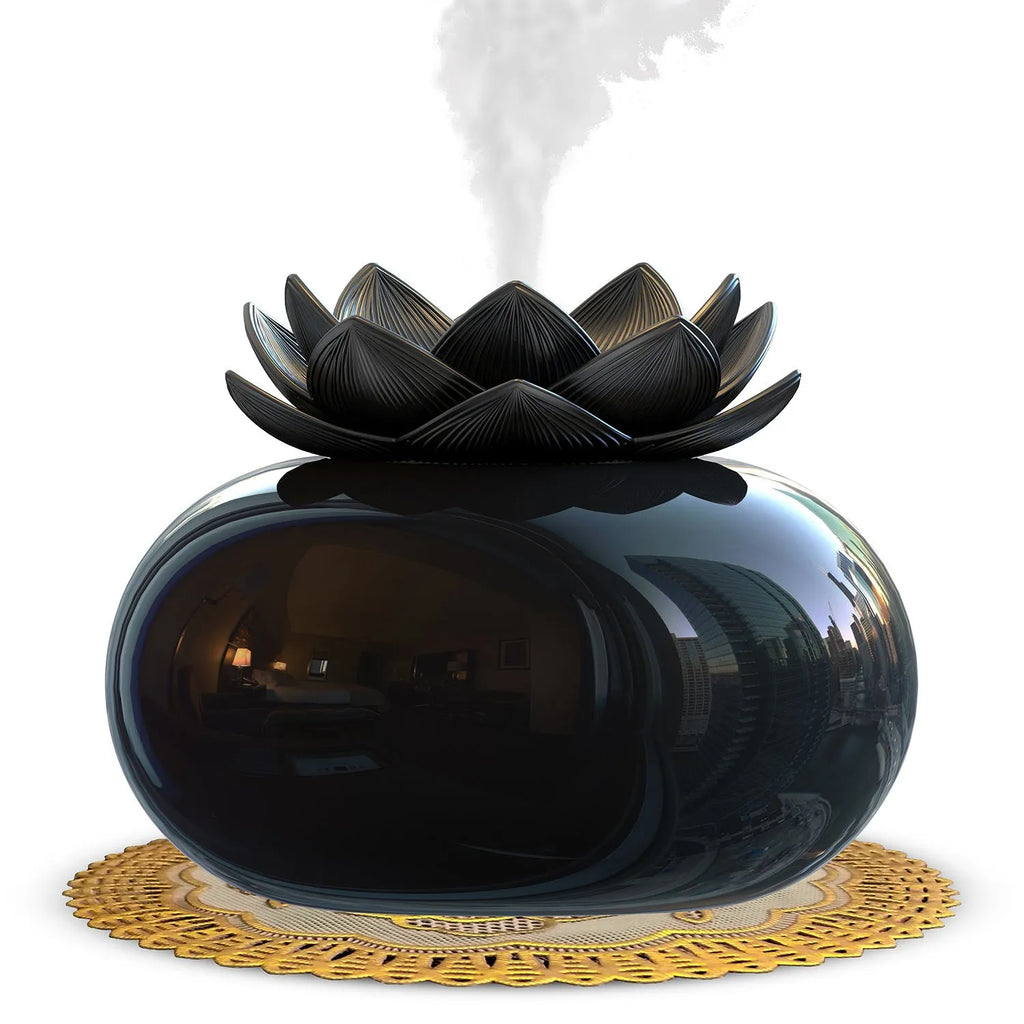 Pure black round ultrasonic humidifier with USB cable and single fog outlet for aromatherapy