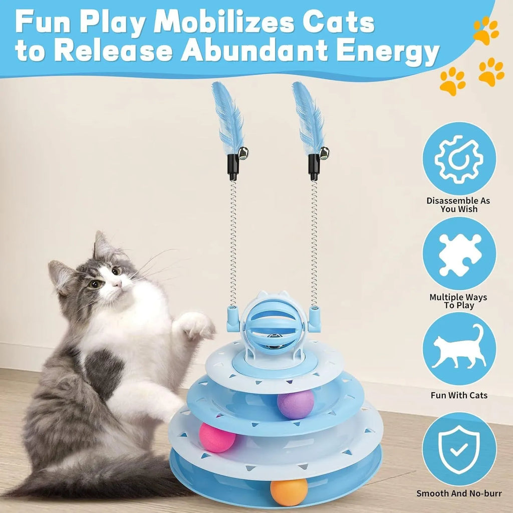 Blue 4-tier interactive cat puzzle toy with balls and teasing rods