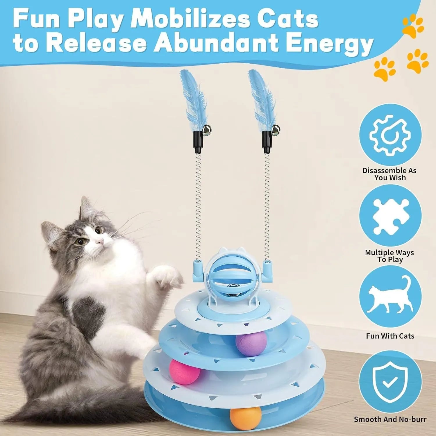 Blue 4-tier interactive cat puzzle toy with balls and teasing rods