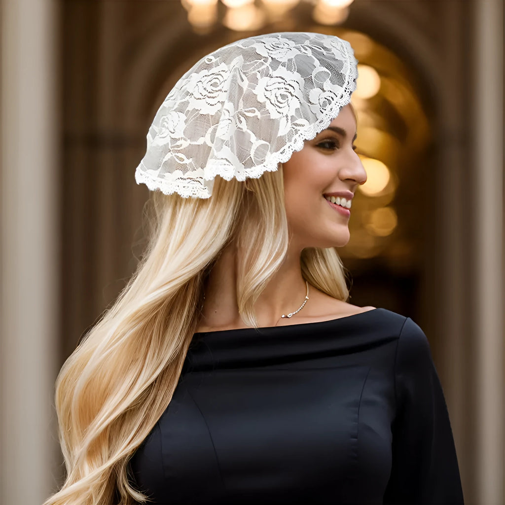Round floral head cover for weddings measuring 30cm in black or white polyester fabric