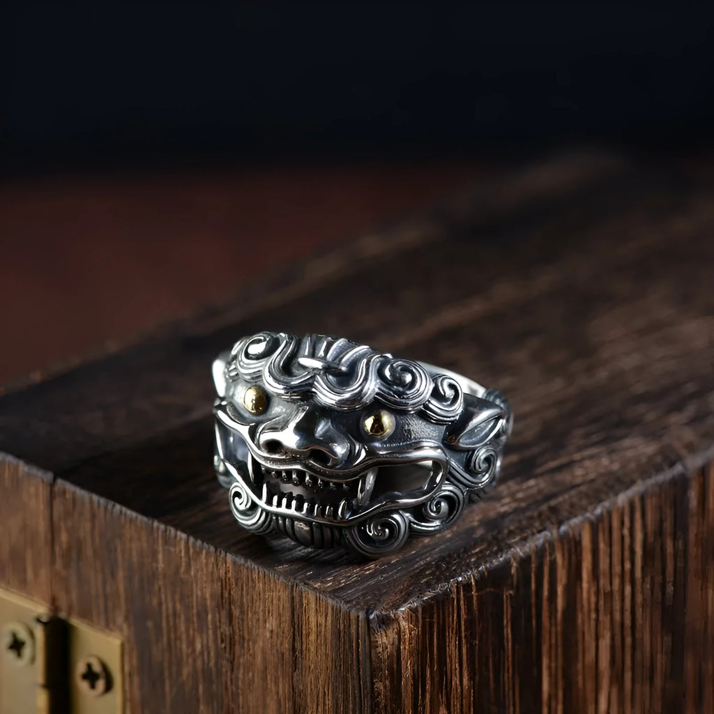 Sterling silver open ring with detailed Domineering Diamond and Jibeast animal pattern.