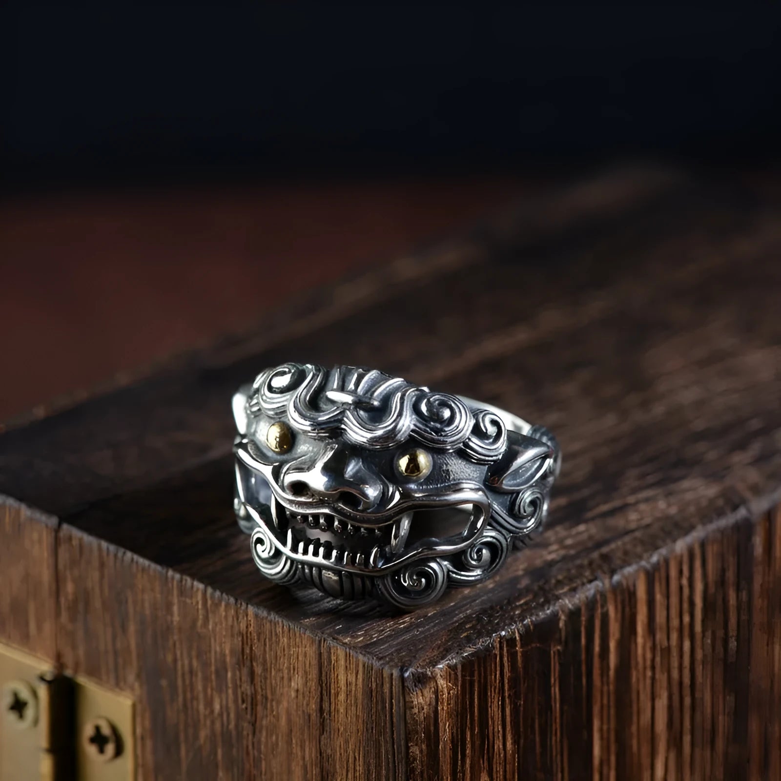 Sterling silver open ring with detailed Domineering Diamond and Jibeast animal pattern.