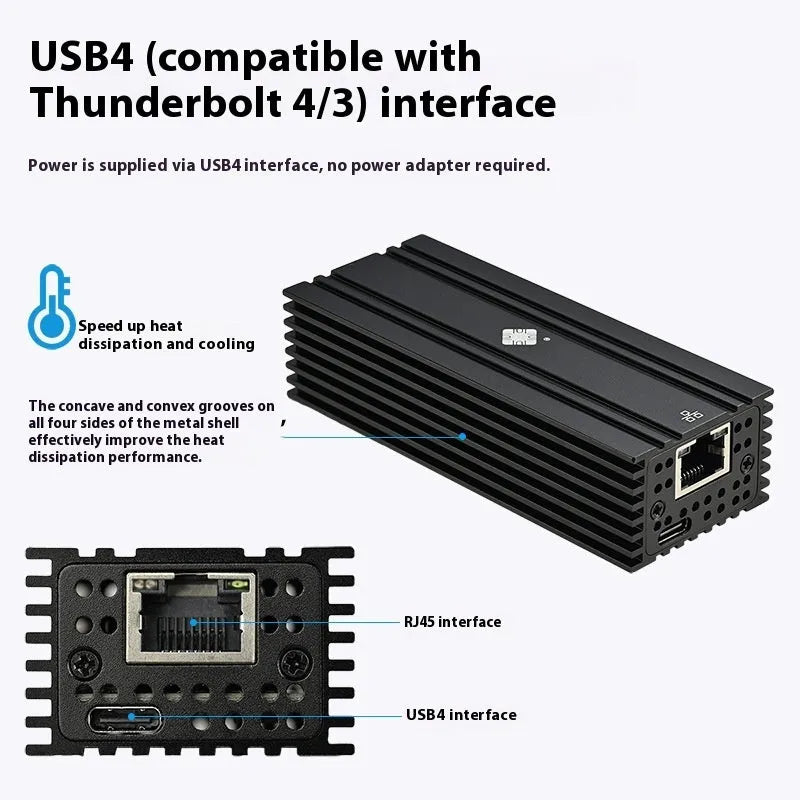 Black Leyu USB4 10 Gigabit network adapter with RJ45 port and short cable