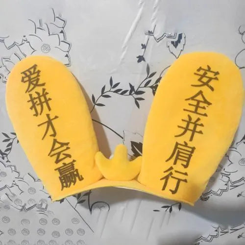 Rabbit Glow Ears helmet ornament with Velcro bottom for attachment to ski or locomotive safety helmet.