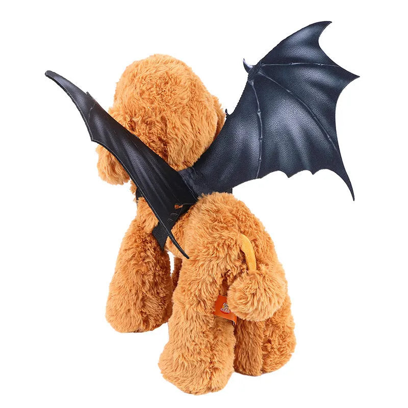 Black cloth Halloween bat wings for pets showing three size options: 64cm, 55cm, and 40cm wing spans
