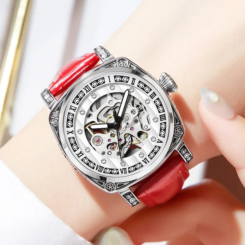 Mechanical luminous waterproof watch with leather strap in multiple colour options