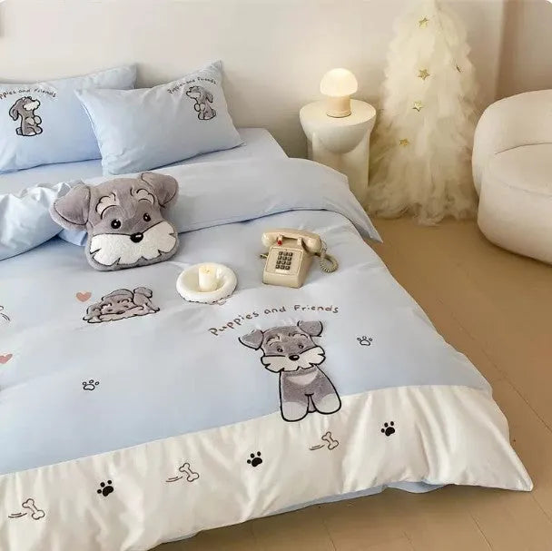 Cute Schnauzer cartoon bedding set with embroidered design on cotton quilt cover and matching pillowcases