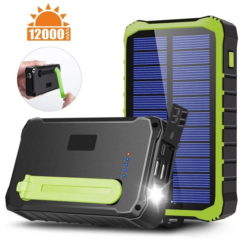 Green or orange hand solar mobile power bank showing dual USB ports and solar panel