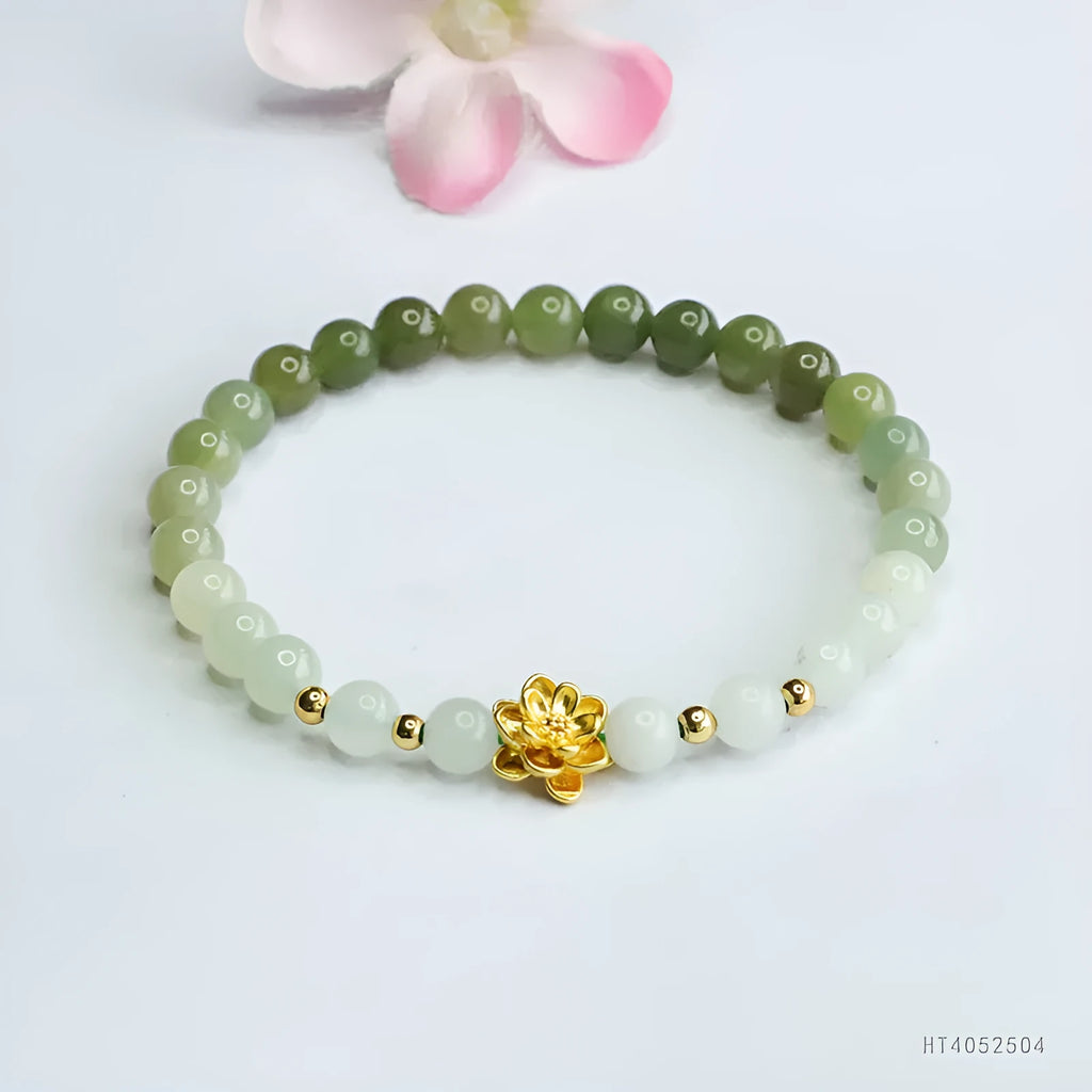 Hand-woven hetian jade gradient lotus flower bracelet with 6mm beads and national style design