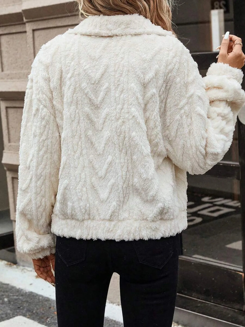 Women's ivory white button cardigan coat with double-sided plush fabric and long sleeves.