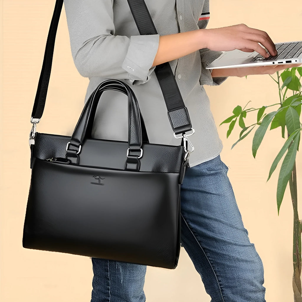 Men's PU leather business messenger bag with crossbody shoulder strap and 35x30x4cm dimensions