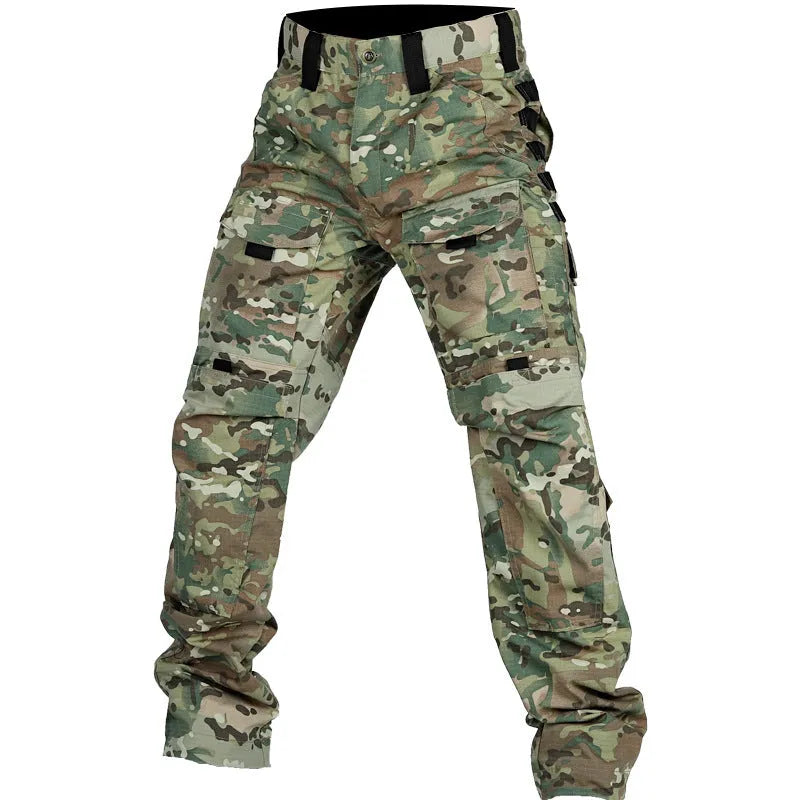 Camouflage multi-pocket training trousers for men in khaki colour, front view