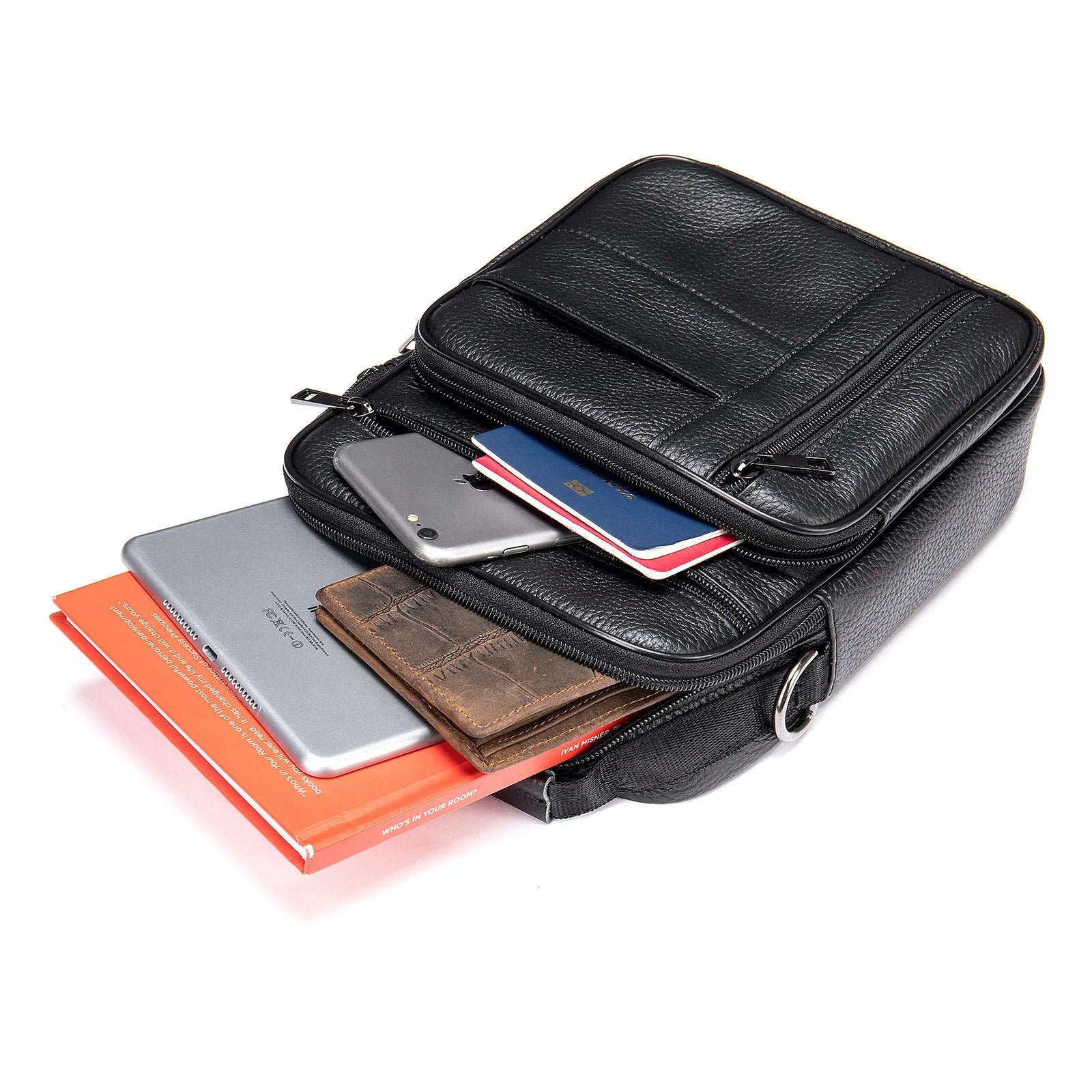 Men's vintage cowhide leather shoulder bag showing vertical square shape and internal organisation pockets
