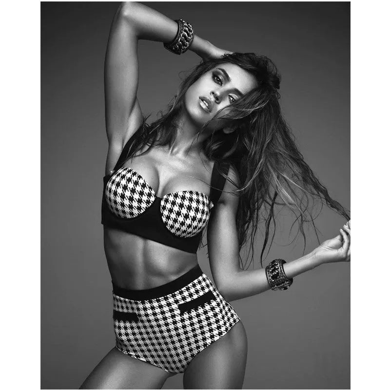 Black houndstooth push up bandage bikini set for women, artificial fibre, sizes XS to L, with top and pants