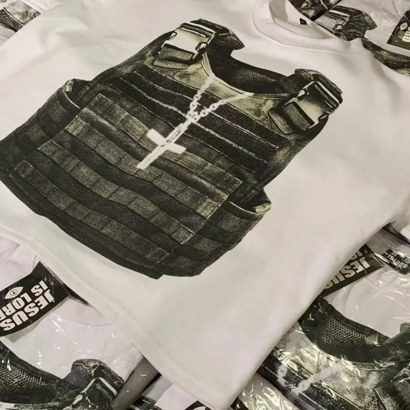 Printed cotton short sleeve retro street style t-shirt with drop shoulder sleeves