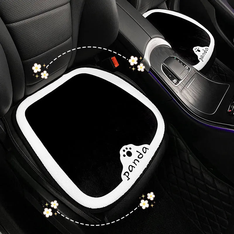 Plush cartoon panda car seat cushion set with front and rear covers, backrest, headrest, and lumbar support in winter design