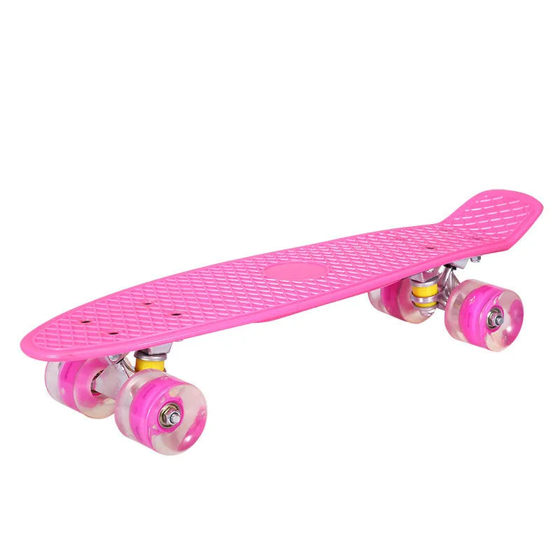 Four-wheel skateboard with blue PP deck, magnesium aluminium trucks, and flashing PU wheels on white background