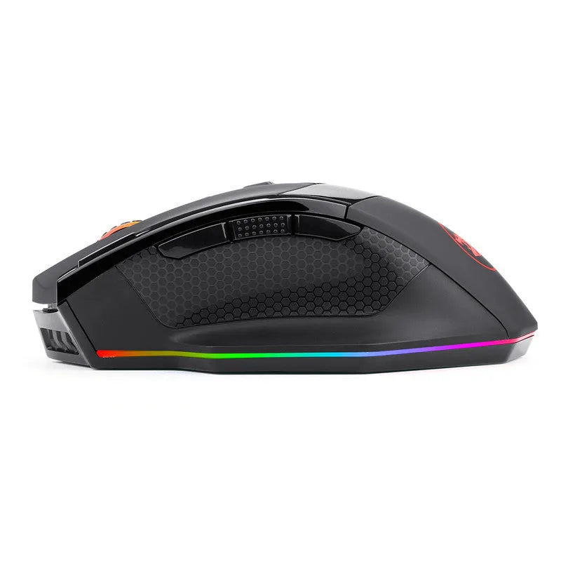 Black Redragon M801P wireless gaming mouse showing nine buttons and dual-mode connectivity options