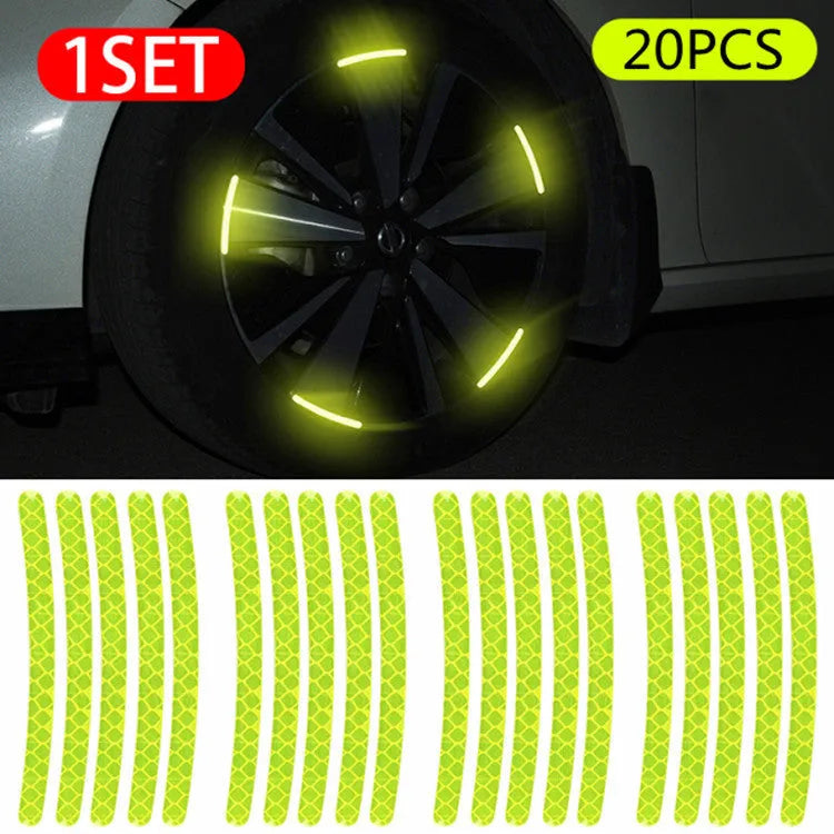 20-piece wheel hub reflective stickers in multiple colours including fluorescent, rainbow, and luminous options