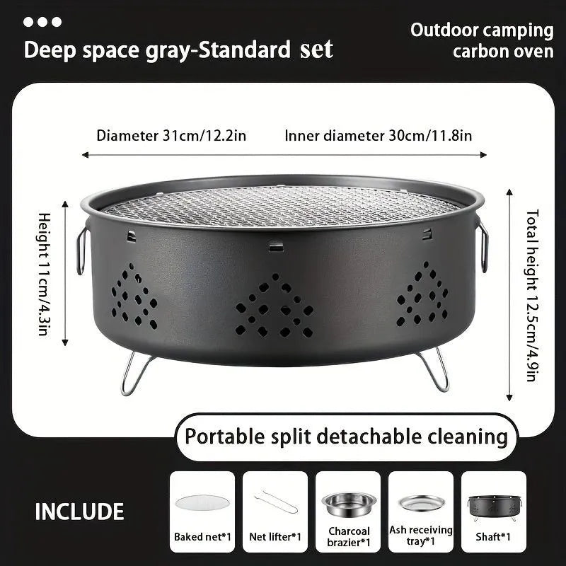 Portable stainless steel barbecue grill with detachable design and storage bag for camping.