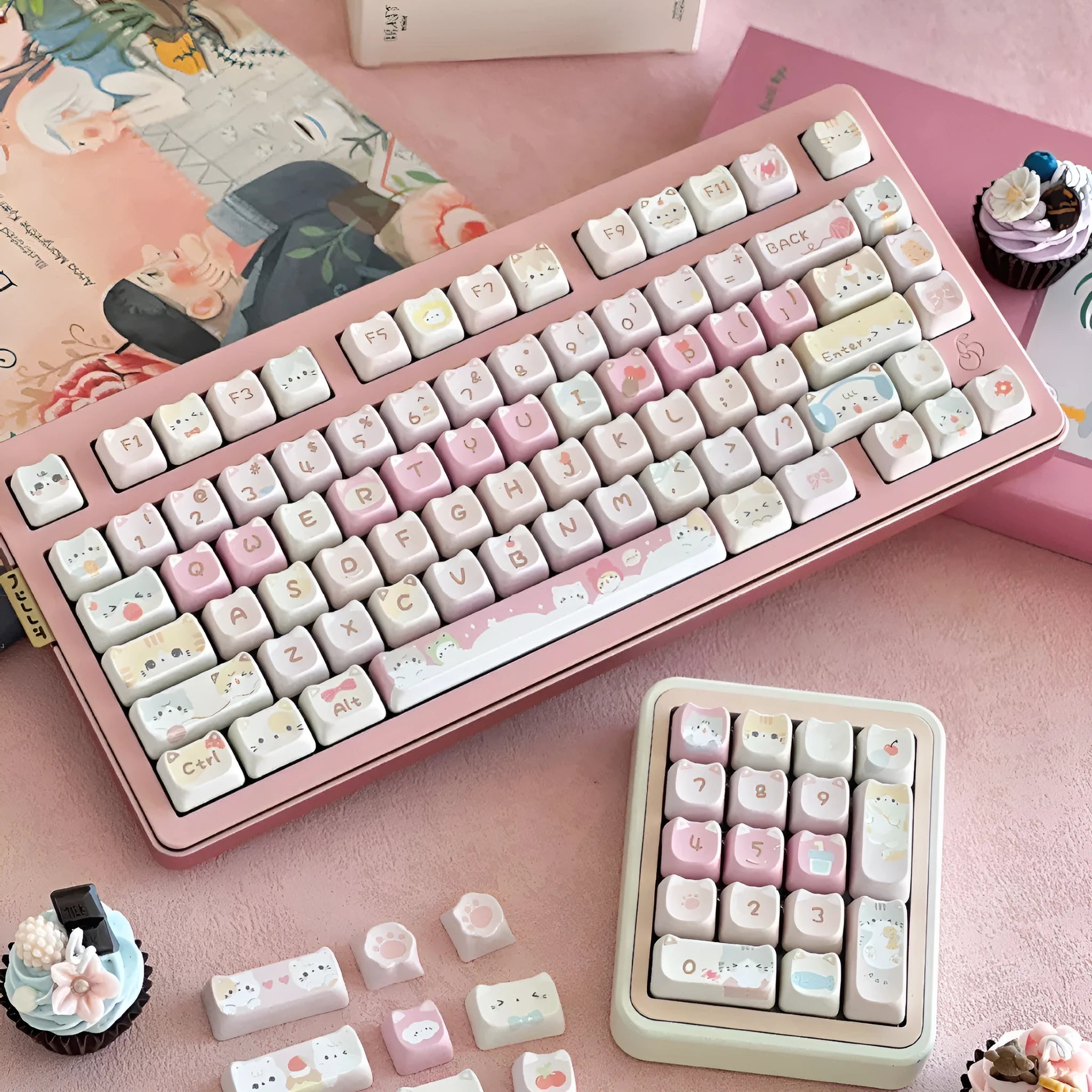 Meow Meow Team anime cat girl design 141-piece mechanical keyboard keycap set with five-sided sublimation printing.