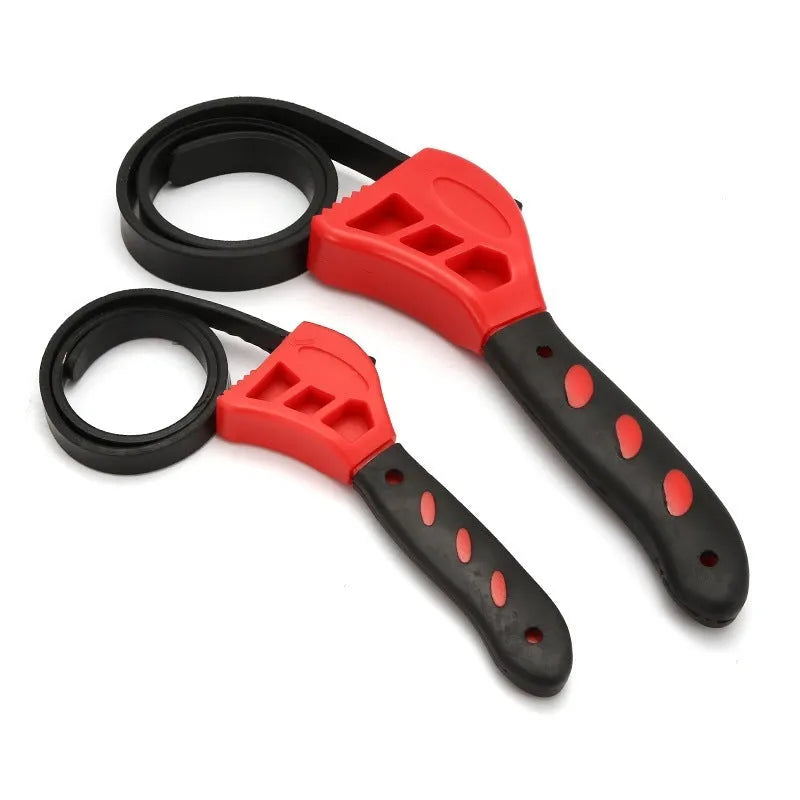A 6-inch and an 8-inch adjustable rubber strap wrench with steel handles, laid side by side.