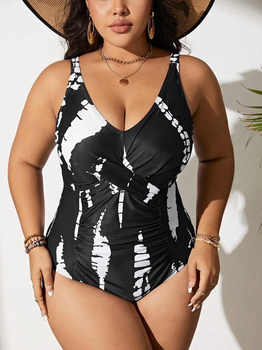 Siamese colour matching fit one-piece swimsuit in black with high elasticity fabric, sizes 0XL to 5XL