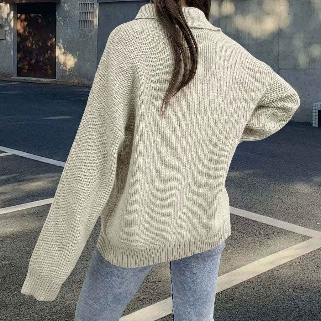Women's loose lapel pullover sweater with asymmetric front zipper in alpaca wool fleece fabric