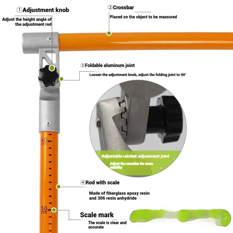 Telescopic truck height measuring rod extended with clear scale markings showing 45mm and 50mm diameter options