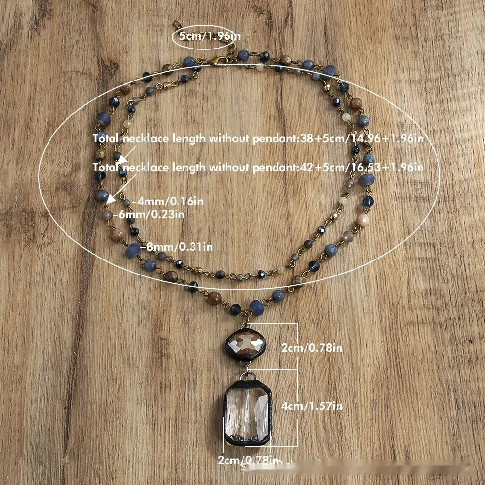 Tribal style two-layer necklace with glass and stone pendants in beige and blue on adjustable chain