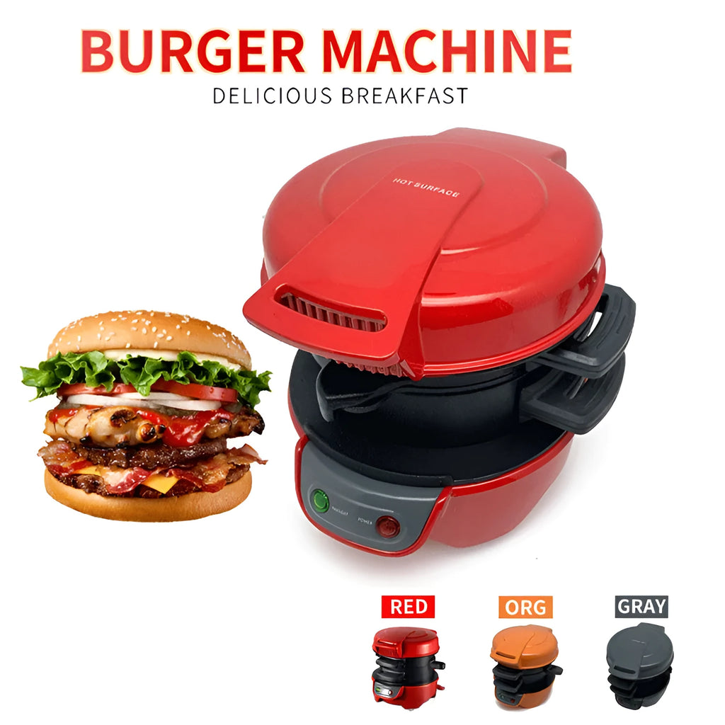 Bright red breakfast machine sandwich maker with egg cooker ring and mechanical controls