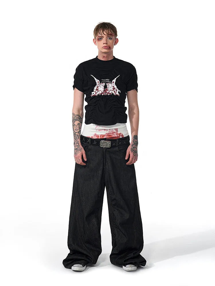 Black men's slim fit T-shirt with printed pleating design on short sleeves for summer wear