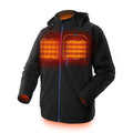 Black men's USB heated winter coat with zipper pockets, shown on a model.