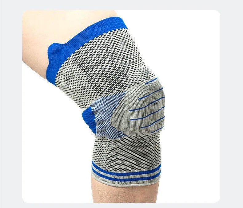 Cotton knee pad with silicone spring bar shock absorber in black and blue colour.