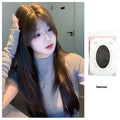 Long straight layered synthetic wig in cold brown colour on a wig stand, showing lace front detail.