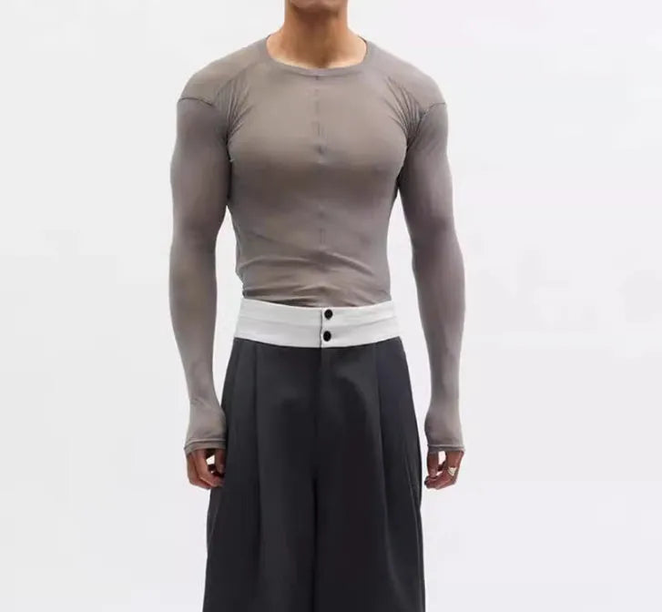 Ultra-thin mesh see-through texture slim-fit pullover in black or grey