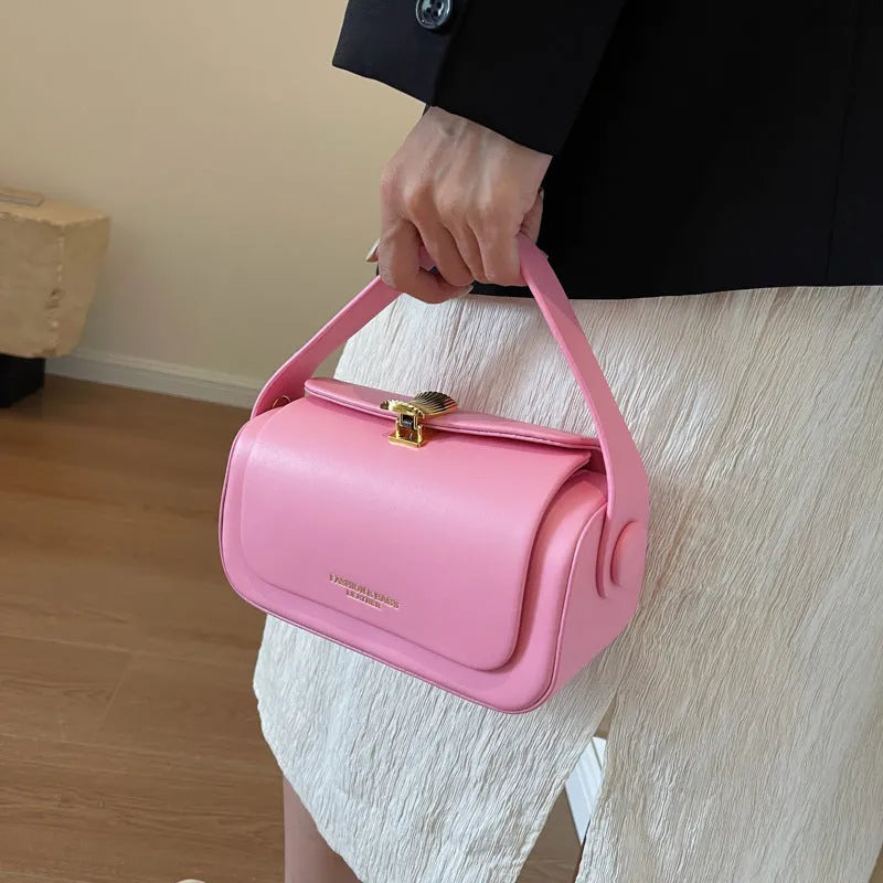 Women's black PU leather messenger bag with personalised letter stitching detail