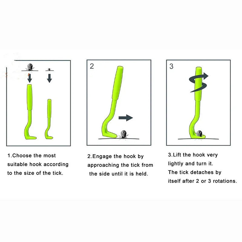 Three plastic pet tick removal tools in blue and green colours with hook design for parasite extraction