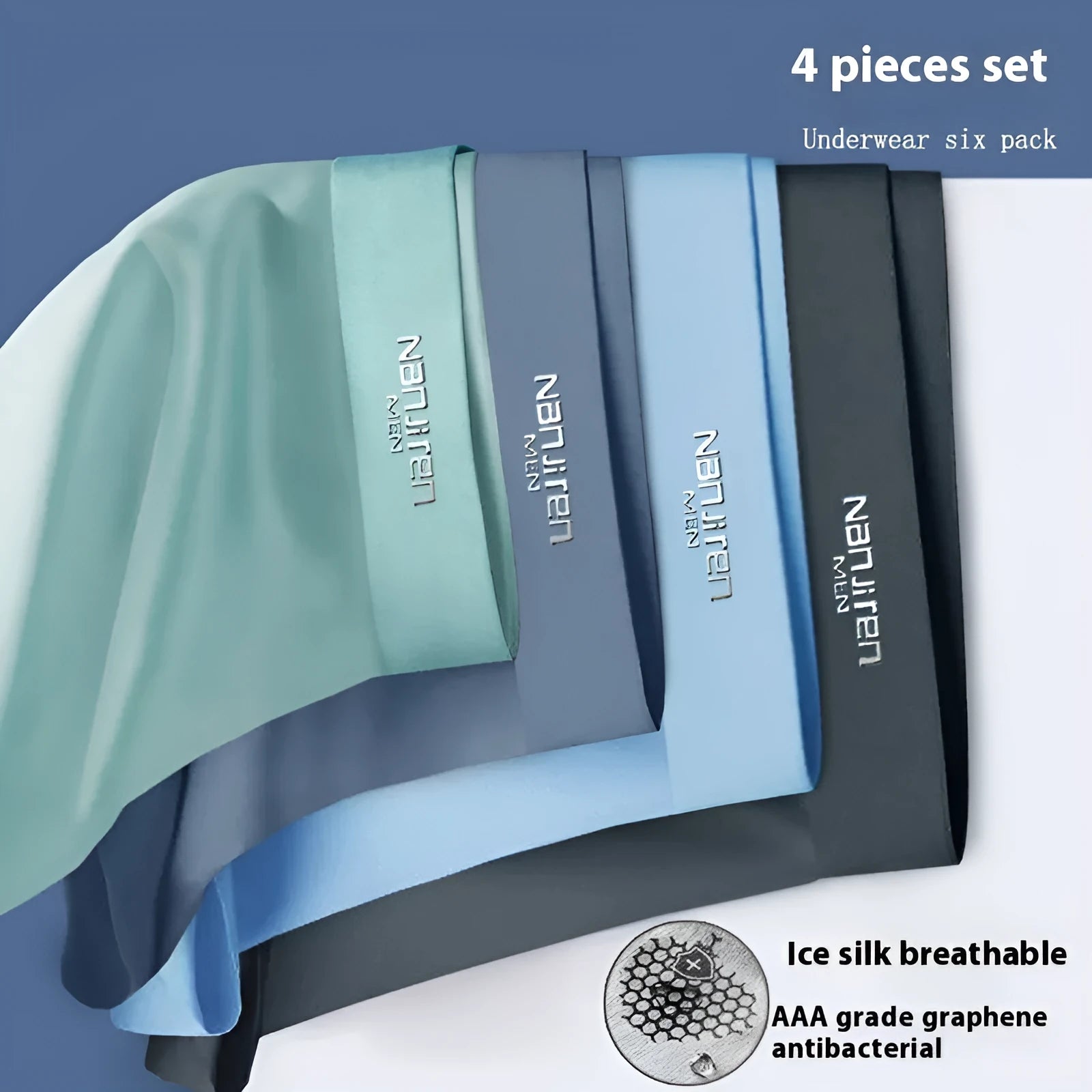 Men's ice silk graphene antibacterial boyshorts on white background showing four pairs in different colours