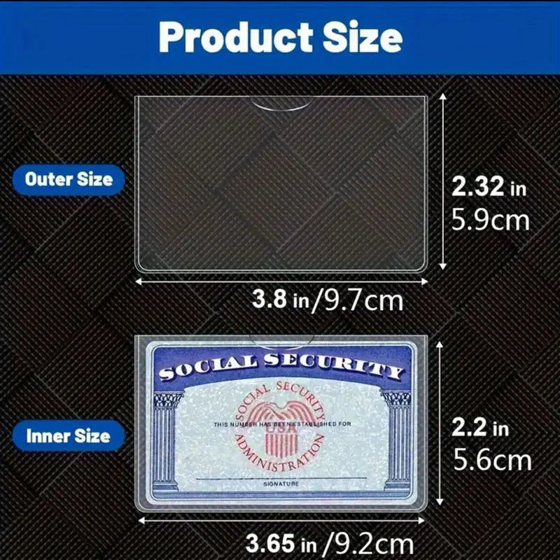 Transparent PVC waterproof social security card holder showing dimensions 9.7cm by 5.9cm