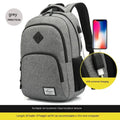 Grey nylon backpack with USB charging port and trolley case strap showing 32x15x46cm dimensions