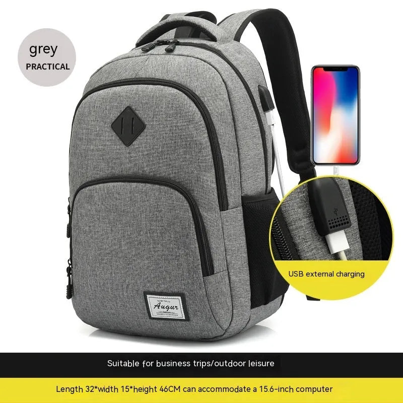 Grey nylon backpack with USB charging port and trolley case strap showing 32x15x46cm dimensions