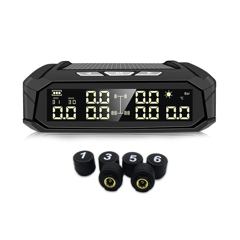 Solar-powered tire pressure monitor display unit with colour screen next to six external sensors