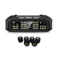 Solar-powered tire pressure monitor display unit with colour screen next to six external sensors