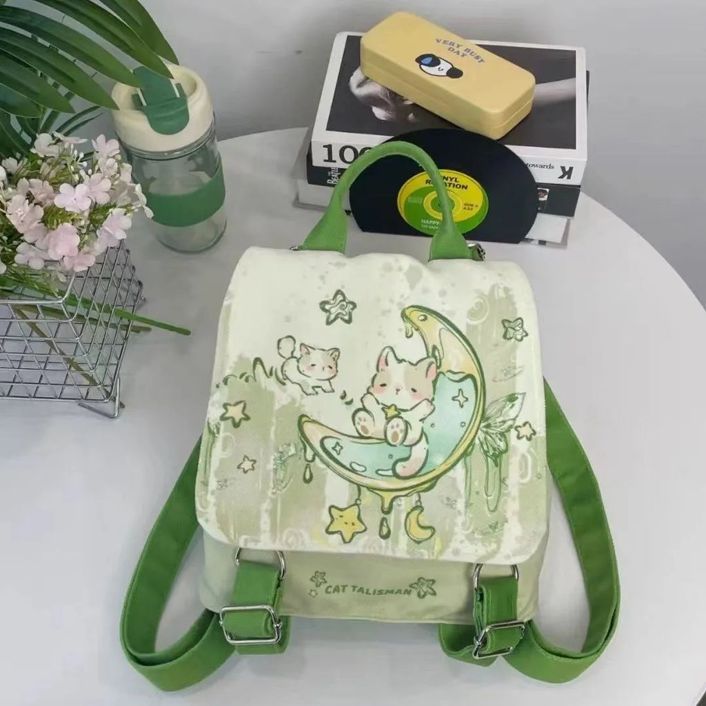 Mint Mambo Green cute polyester backpack with spliced design, sandwich pocket, 23x10x25cm, on white background
