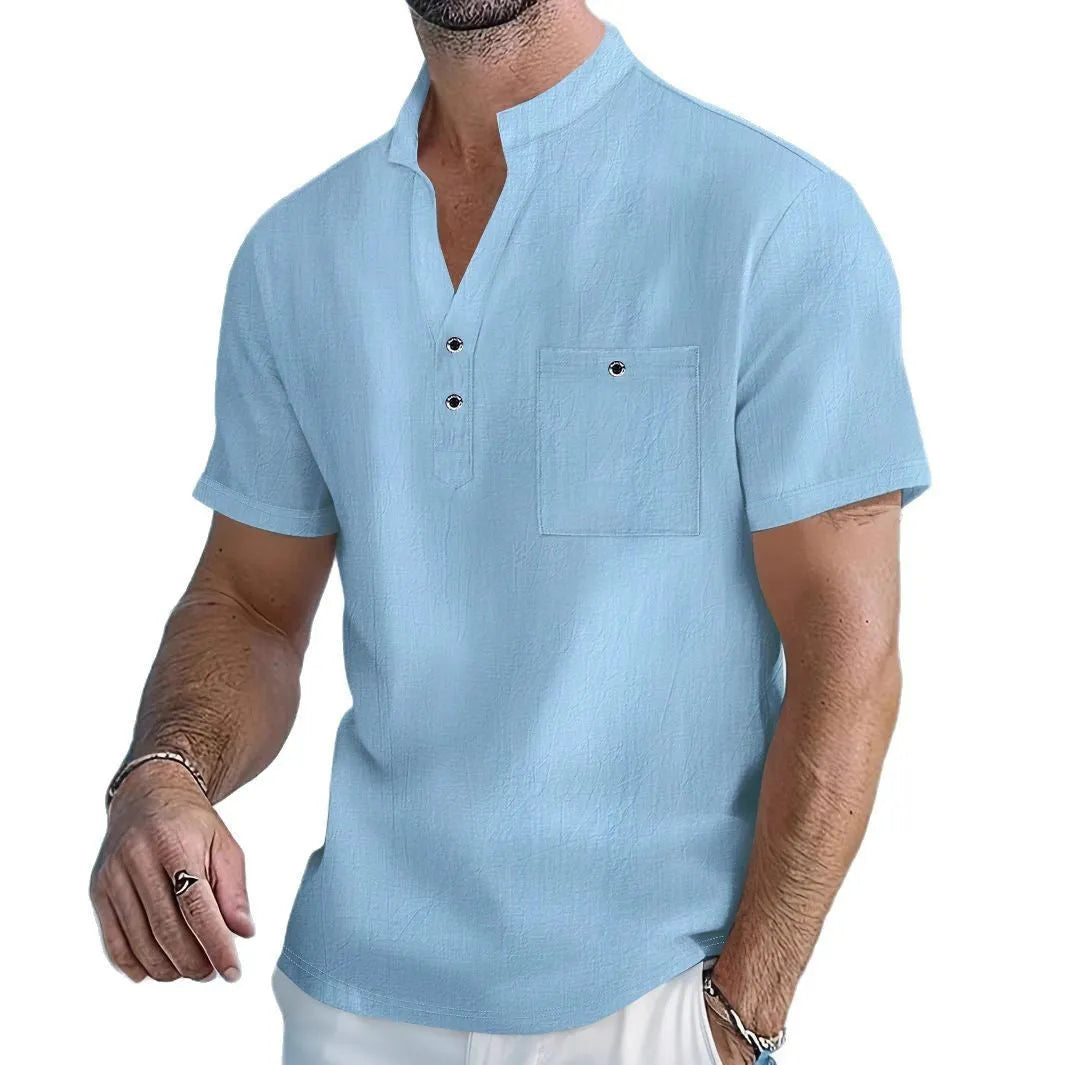 Men's light blue linen stand collar short sleeve t-shirt shown on a model, loose fit.
