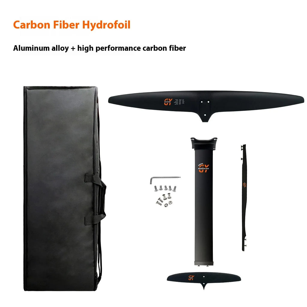 Black carbon fibre racing hydrofoil surfboard with 1051mm front wing