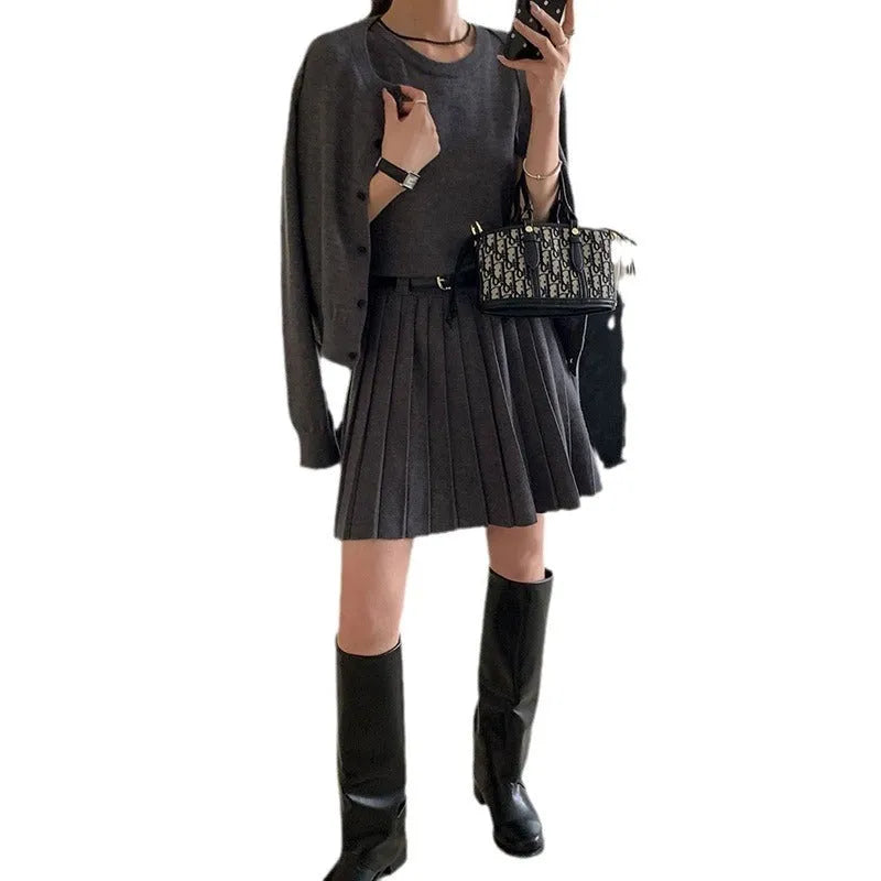 Women's grey art retro knitted vest skirt and long sleeve cardigan two-piece set with belt detail